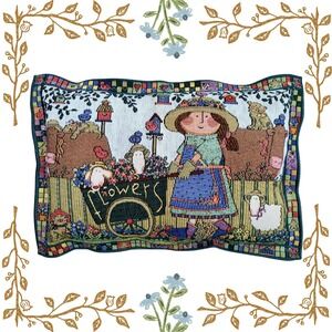 VTG Cottagecore Tapestry Needlepoint Throw Pillow Garden Sheep Cat Cow 90s Vibes